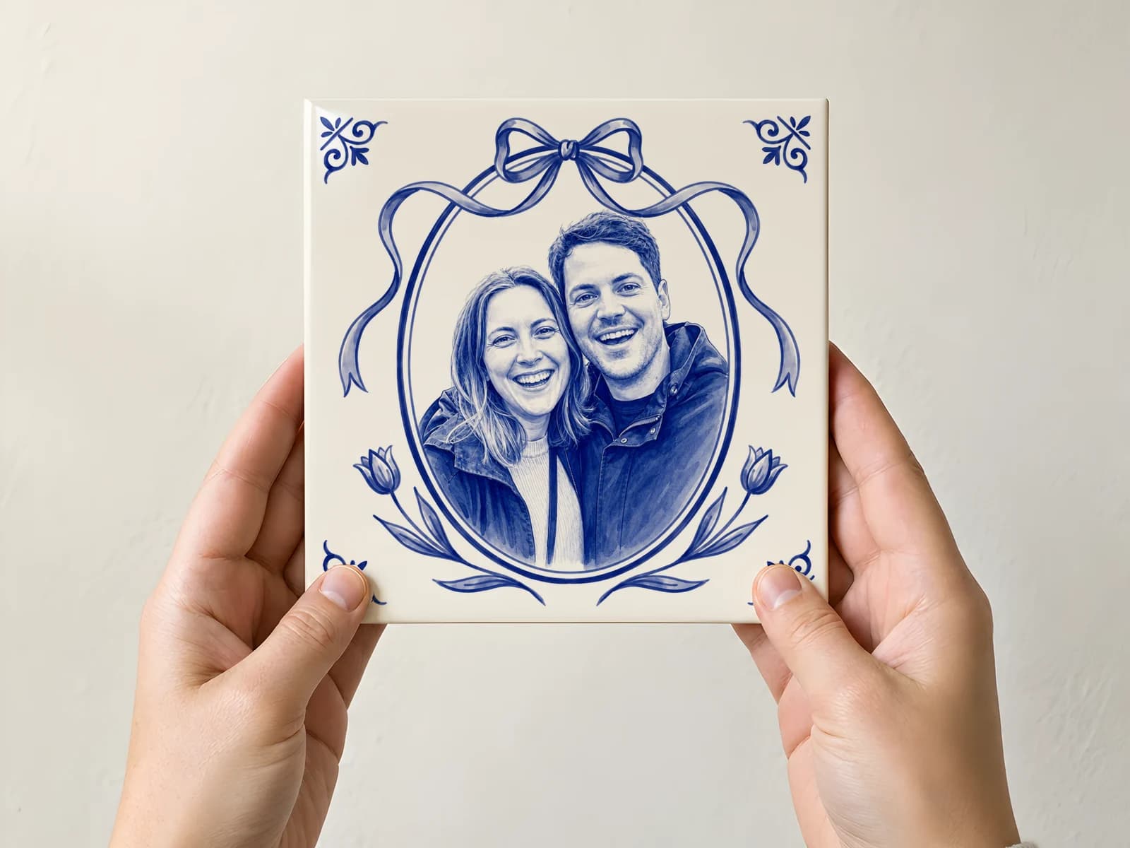 Two hands holding a 15 by 15 cm Delft Blue photo tile