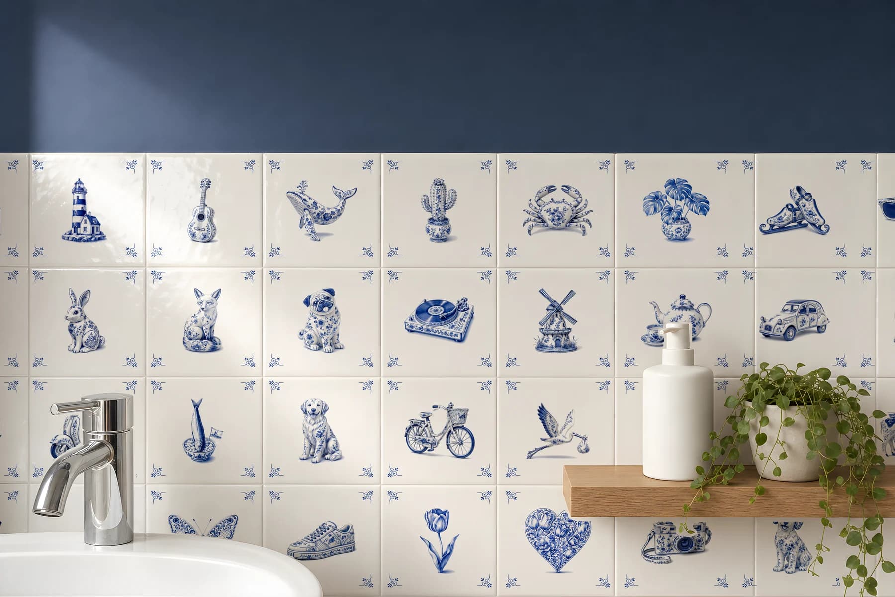 A bathroom wall full of Delft Blue tiles with different designs