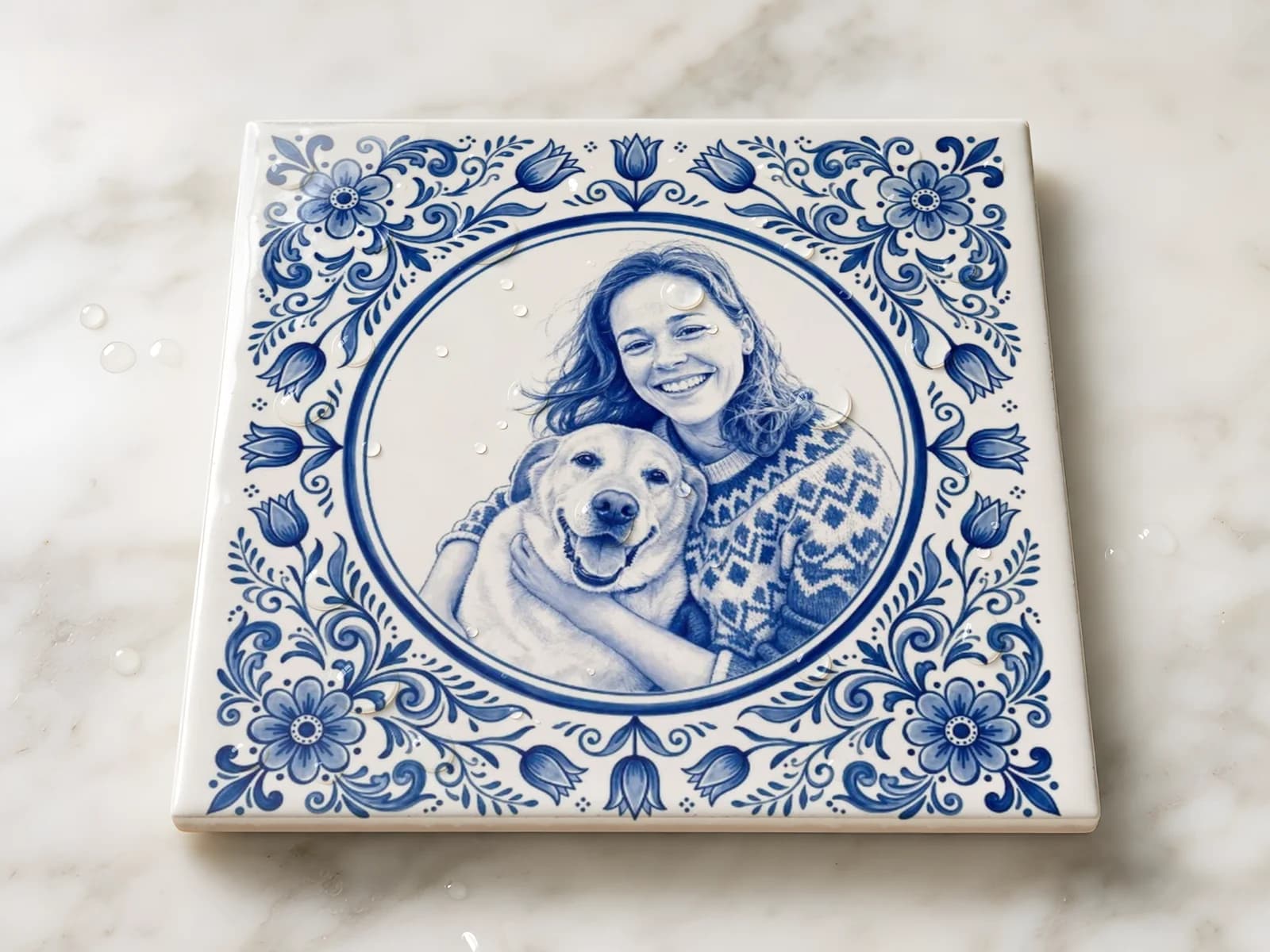 Water droplets on a Delft Blue photo tile on a marble worktop