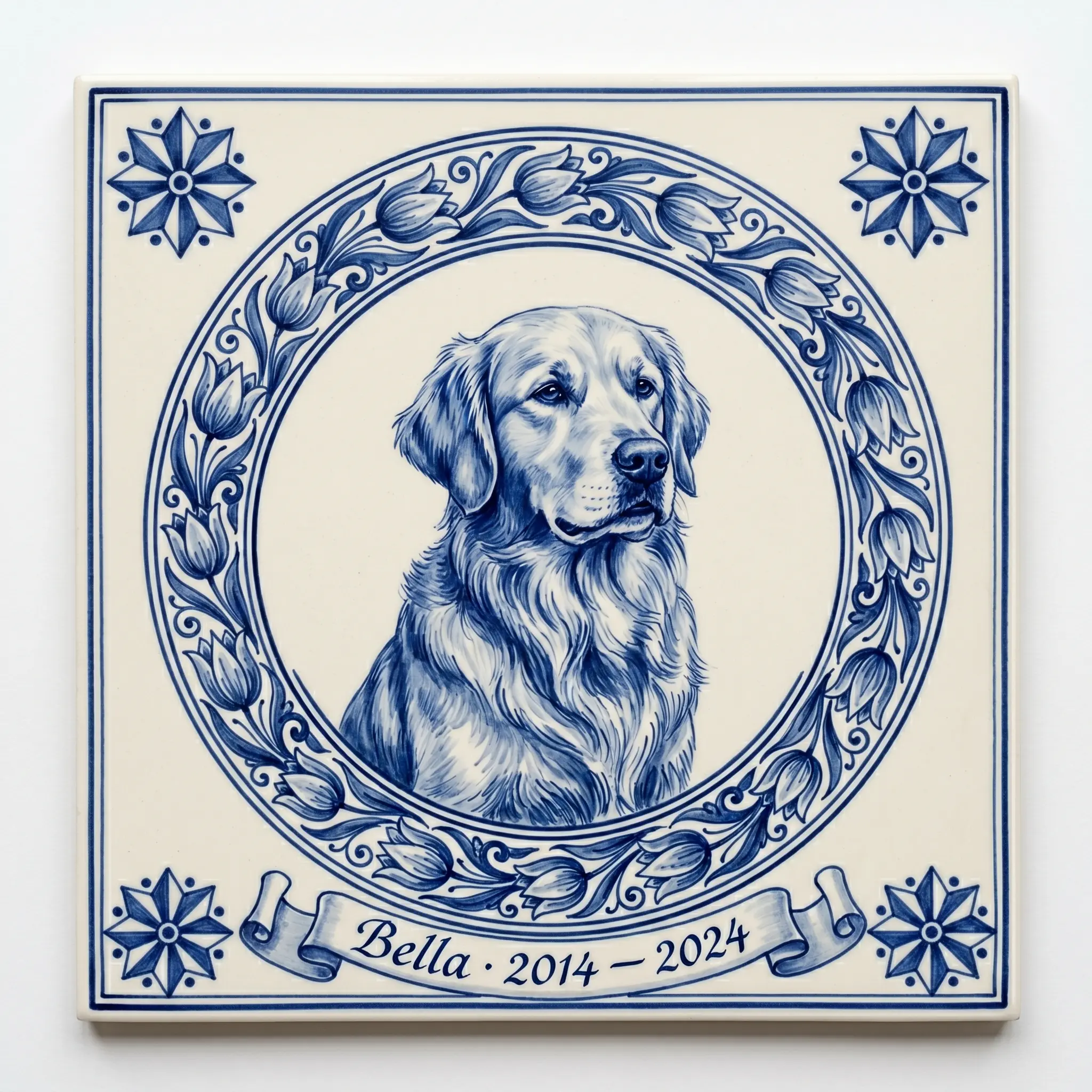 Delft Blue pet tile with a dog painted in cobalt brushstrokes and the pet name in a delicate ribbon banner below