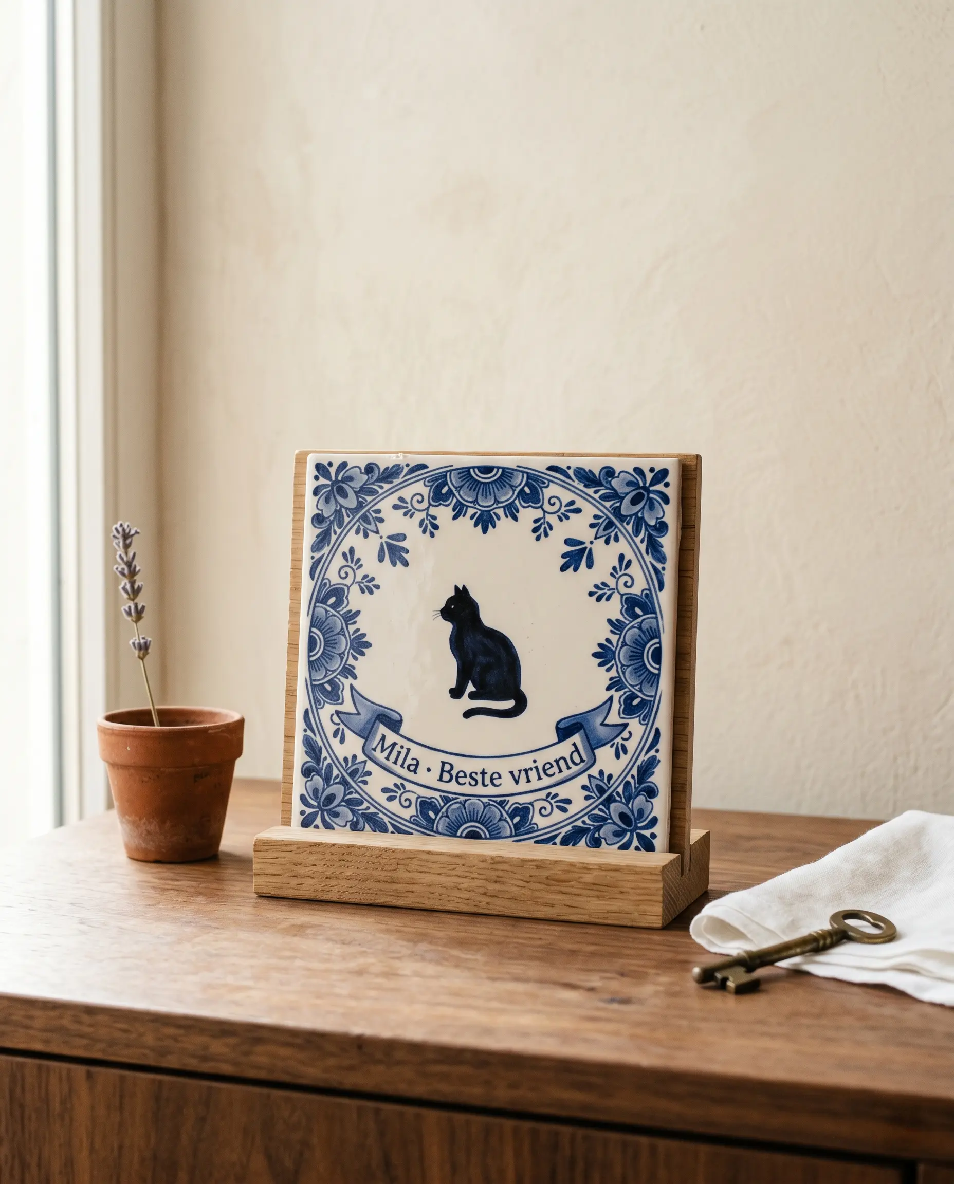 A Delft Blue pet tile on a wooden tile stand, on a walnut dresser in a Dutch interior