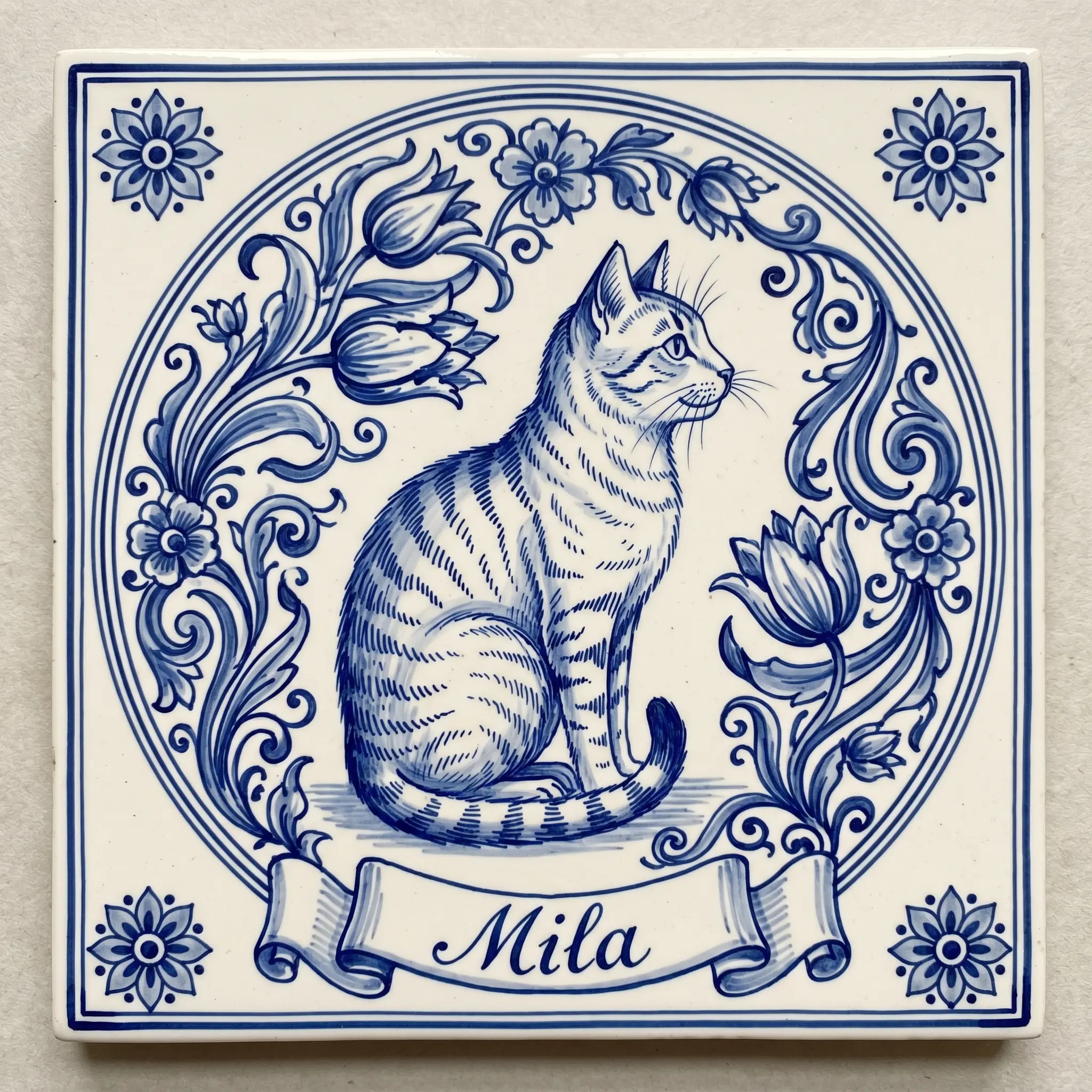 Delft Blue tile with a cat in profile and the name painted in cobalt Italianate calligraphy