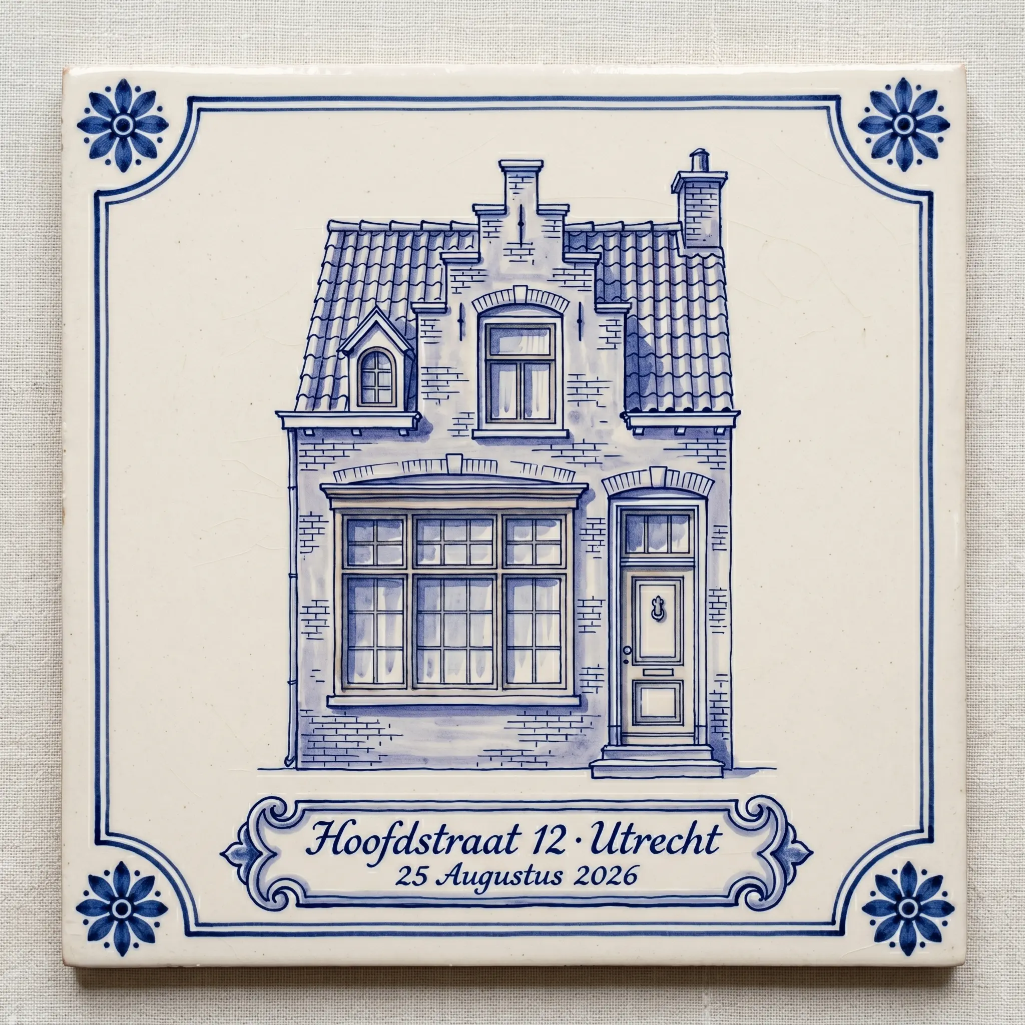 Delft Blue house tile with the facade of a Dutch home and the address painted in cobalt brushstrokes