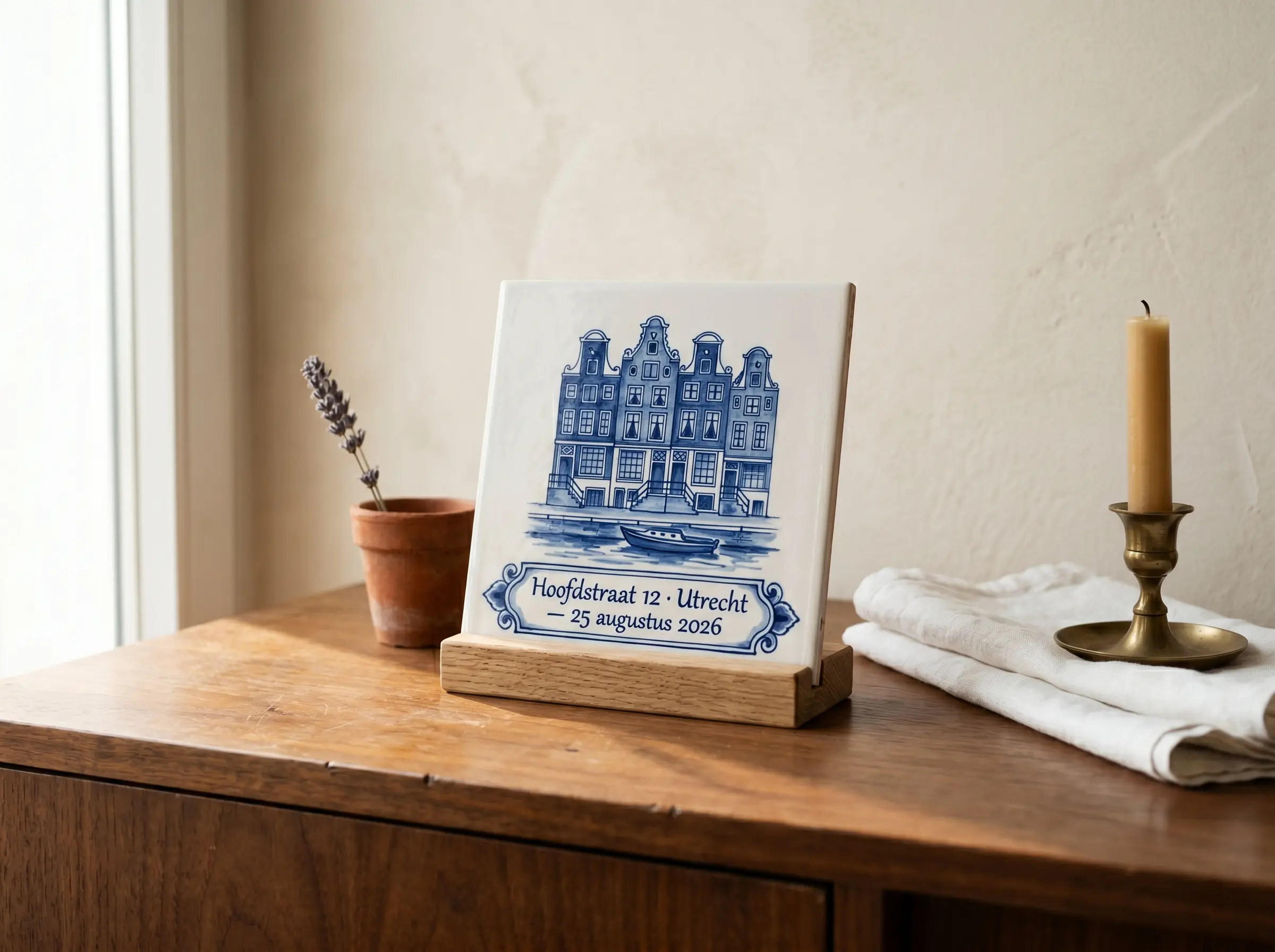 A Delft Blue house tile on a wooden tile stand, on a walnut dresser in a Dutch interior