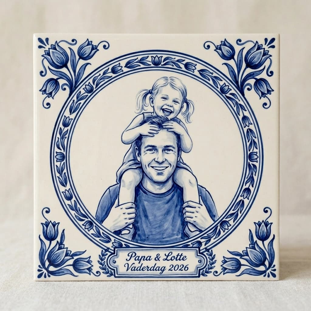 Delft Blue Father's Day tile with a portrait of dad painted in cobalt brushstrokes and "Dad" in a dignified laurel cartouche