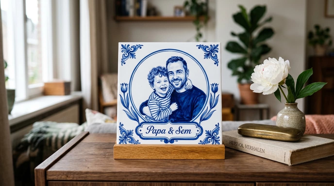A Delft Blue Father's Day tile on a wooden tile stand, on a walnut dresser in a Dutch interior