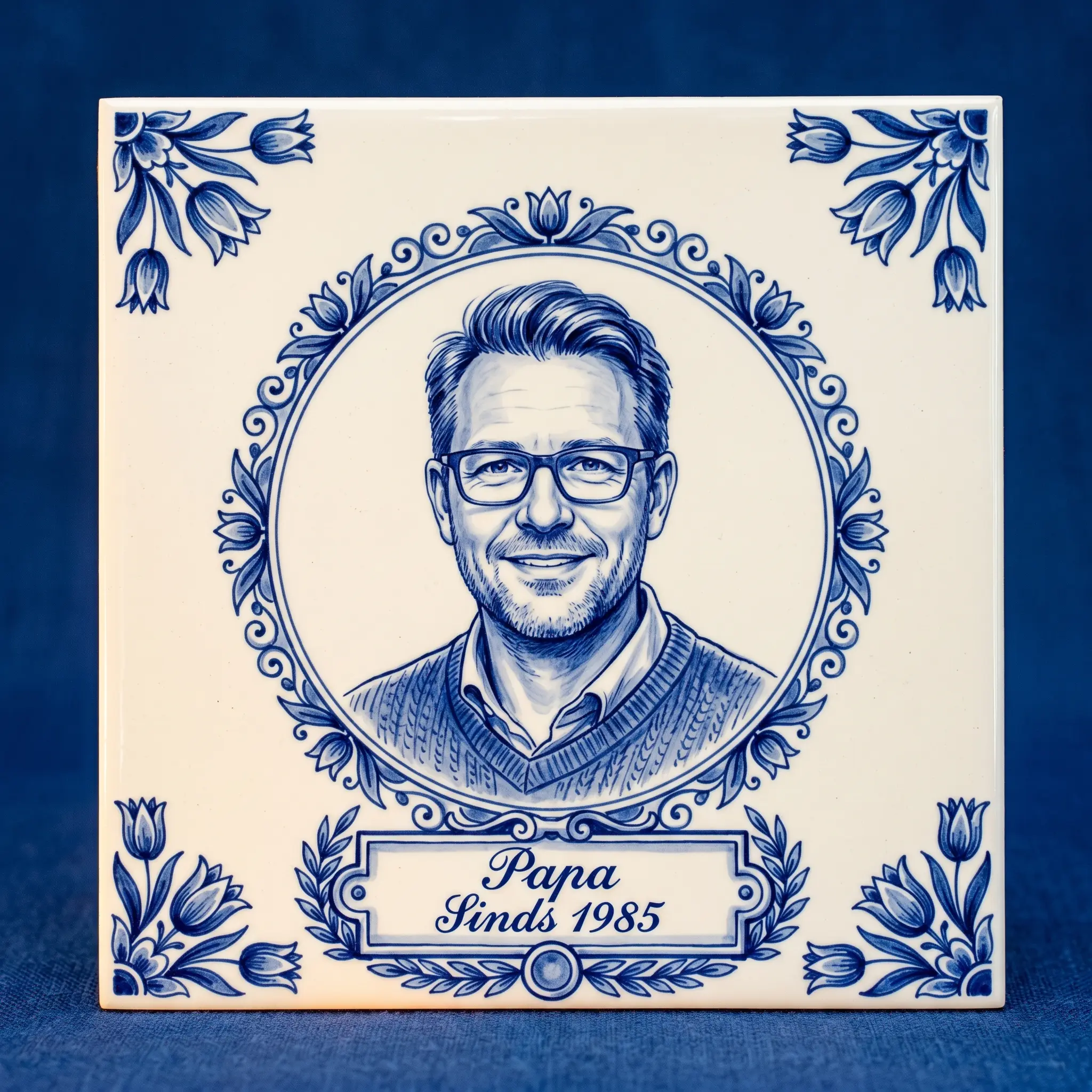 Delft Blue tile with a portrait of dad and "Dad — Since 1975" painted in cobalt Italianate calligraphy