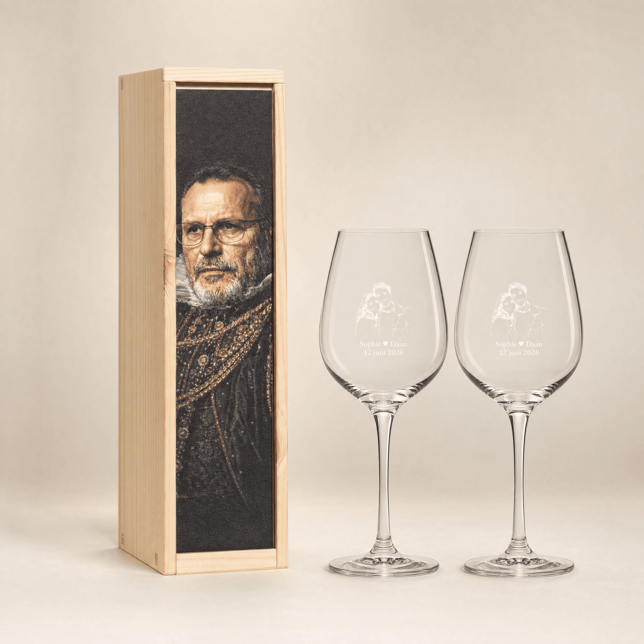 Wine box with 2 engraved wine glasses