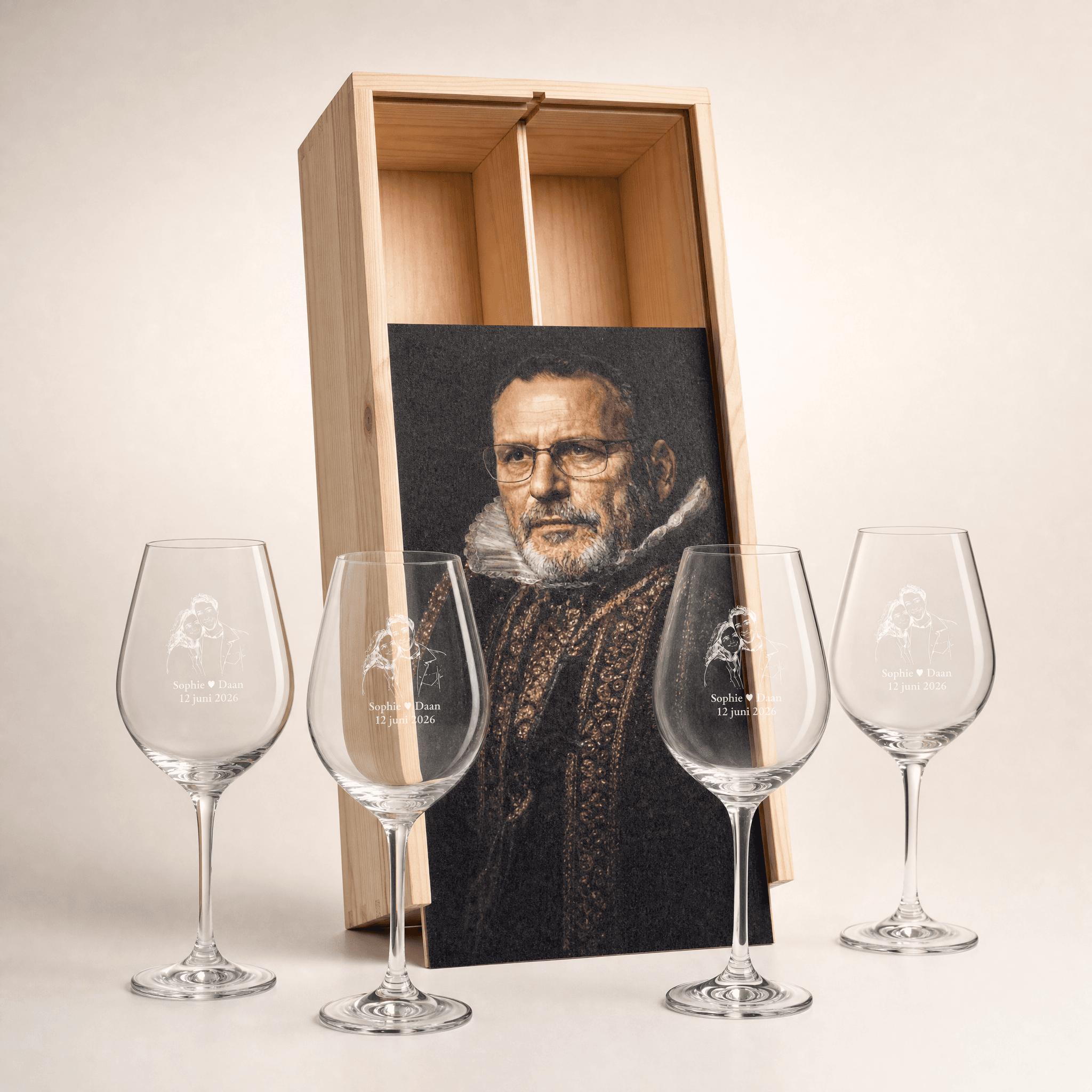 Wine box with 4 engraved wine glasses