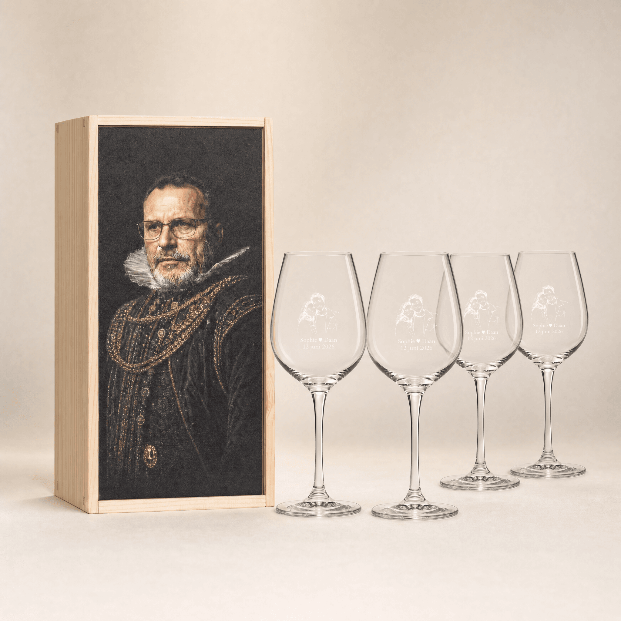 Wine box with 4 engraved wine glasses