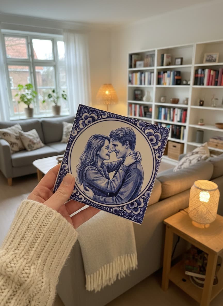 Portrait in Delft Blue style as a tile