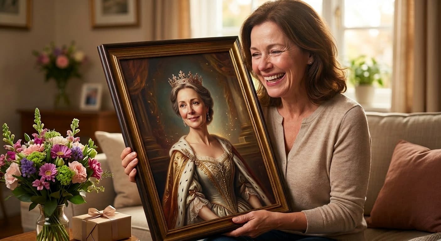 Mother's Day gift: personalized AI portrait of mom as an elegant queen