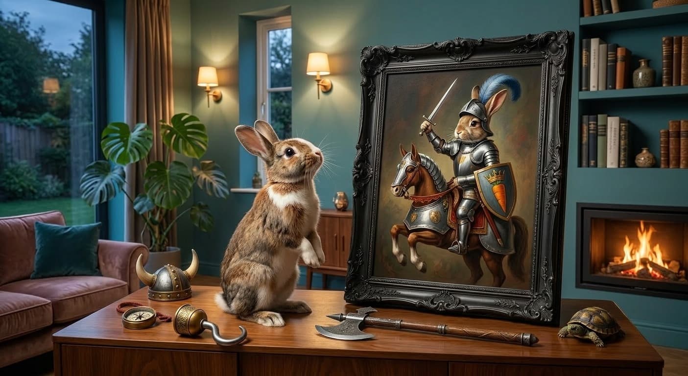 Fantasy pet portrait of a rabbit dressed as a royal knight on canvas