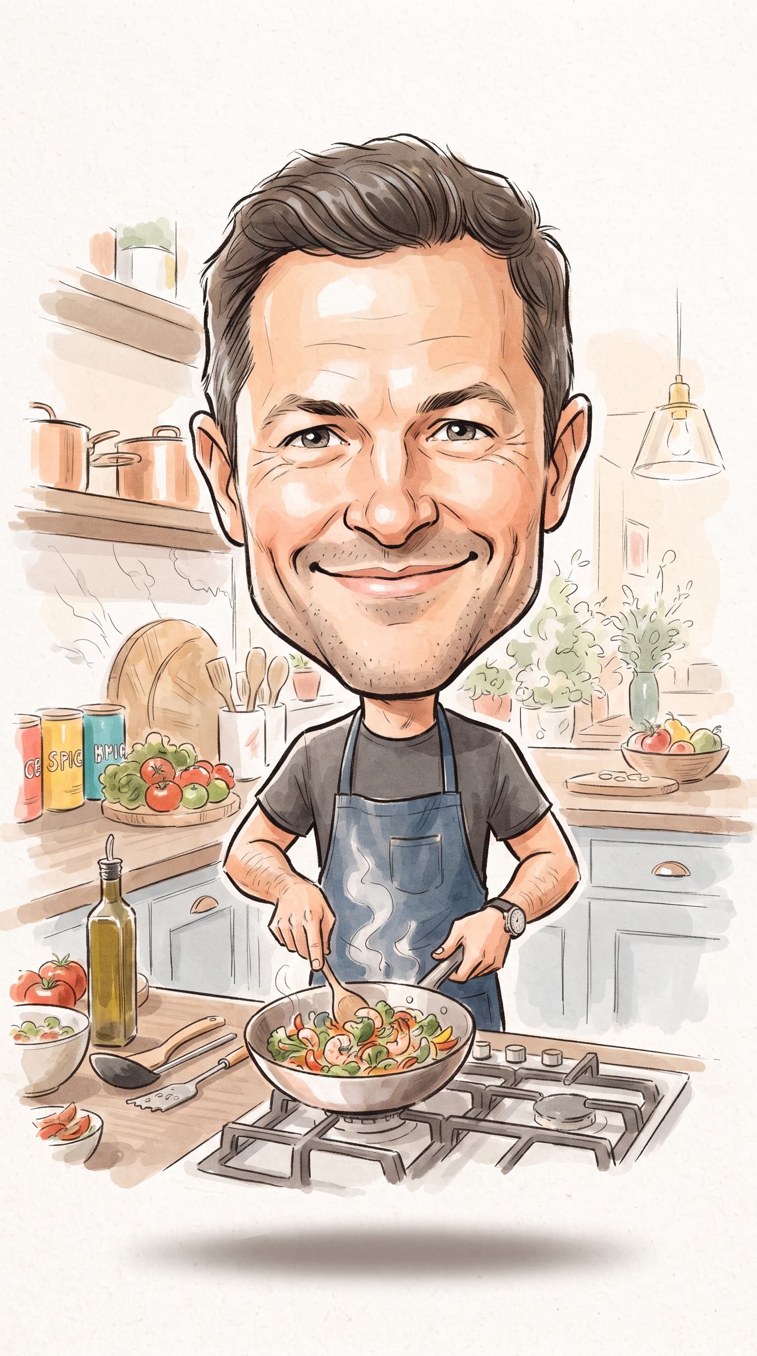 Example of a caricature made from a photo: big head, small shoulders, hand-drawn style