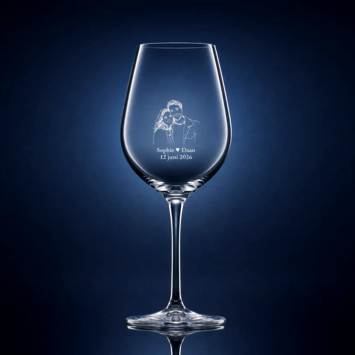 Wine glass with a line portrait of a couple and their names
